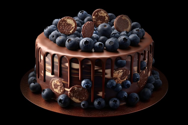 Gâteau au chocolat avec enrobage de chocolat liquide décoré de biscuits et de myrtilles sur fond noir Ai générative