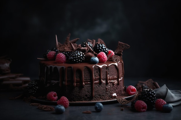 Gâteau au chocolat entier avec des baies Generative AI