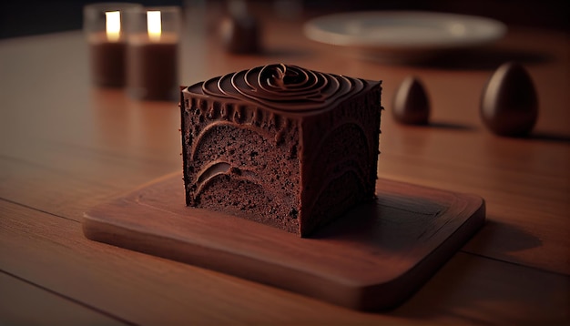 Un gâteau au chocolat est posé sur un plateau en bois avec des bougies en arrière-plan.