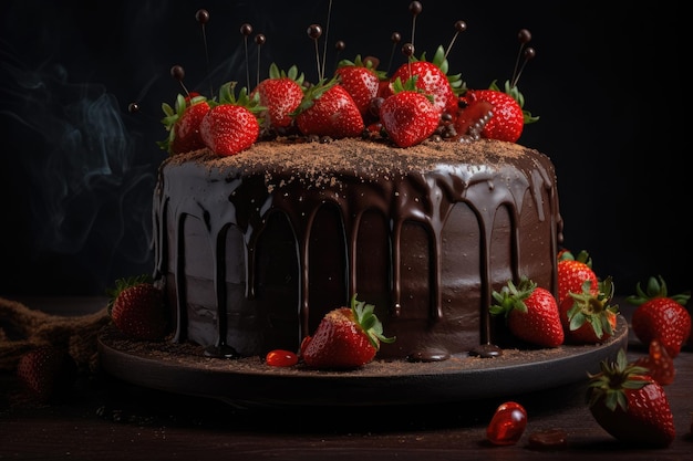 Gâteau au chocolat fait maison avec ganache et fraises fraîches générative IA