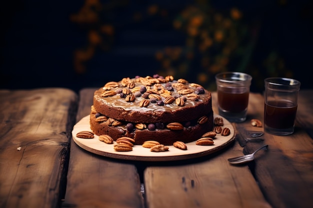 Photo gâteau au chocolat fait maison avec des noix de pécan sur un fond en bois foncé
