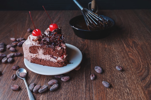 Gâteau au chocolat et fèves de cacao pour la fabrication de chocolat