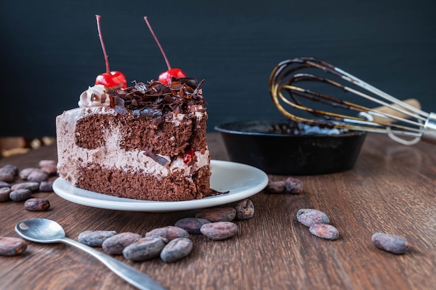 Gâteau au chocolat et fèves de cacao pour la fabrication de chocolat