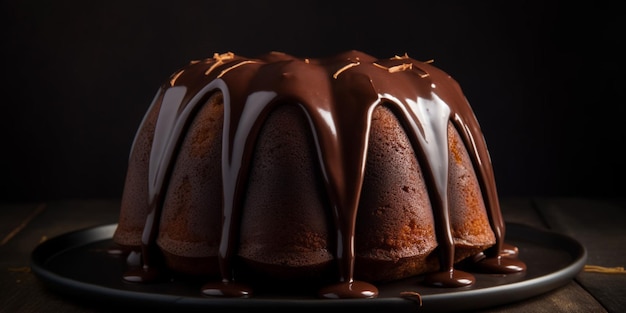 Un gâteau au chocolat avec un filet de chocolat et arrosé de chocolat