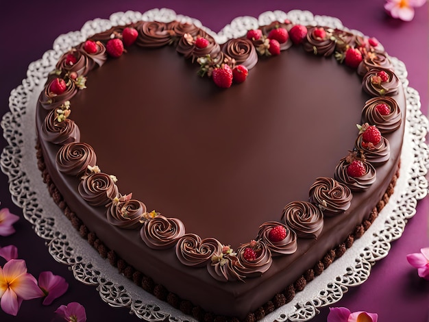 gâteau au chocolat en forme de cœur avec des baies