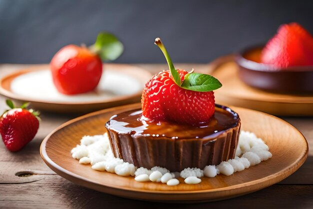 Un gâteau au chocolat avec une fraise sur le dessus.