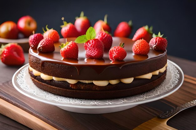 un gâteau au chocolat avec des fraises dessus