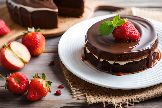 un gâteau au chocolat avec des fraises et du chocolat sur une assiette.