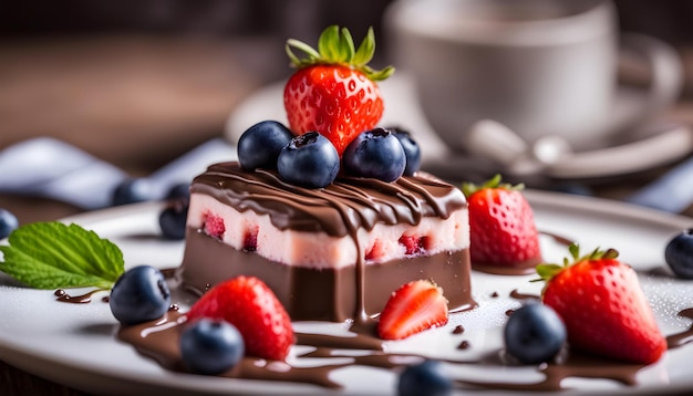 un gâteau au chocolat avec des fraises et du glaçage au chocolat est posé sur une assiette avec une tasse de café