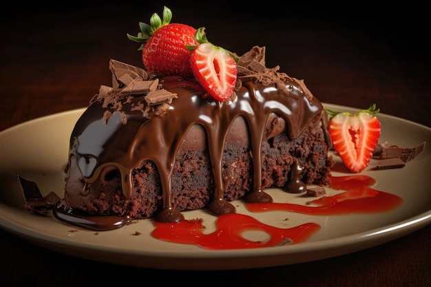 Gâteau au chocolat avec fraises et glace à la vanille générative IA