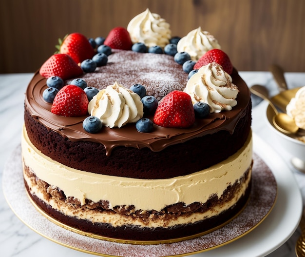 Un gâteau au chocolat avec des fraises et des myrtilles sur le dessus