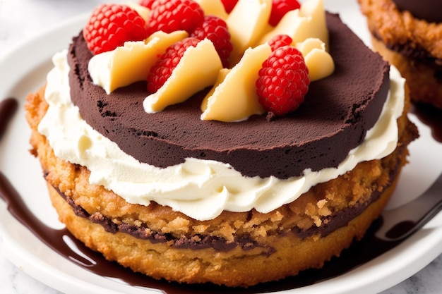 Un gâteau au chocolat avec des framboises sur le dessus et un glaçage au chocolat.