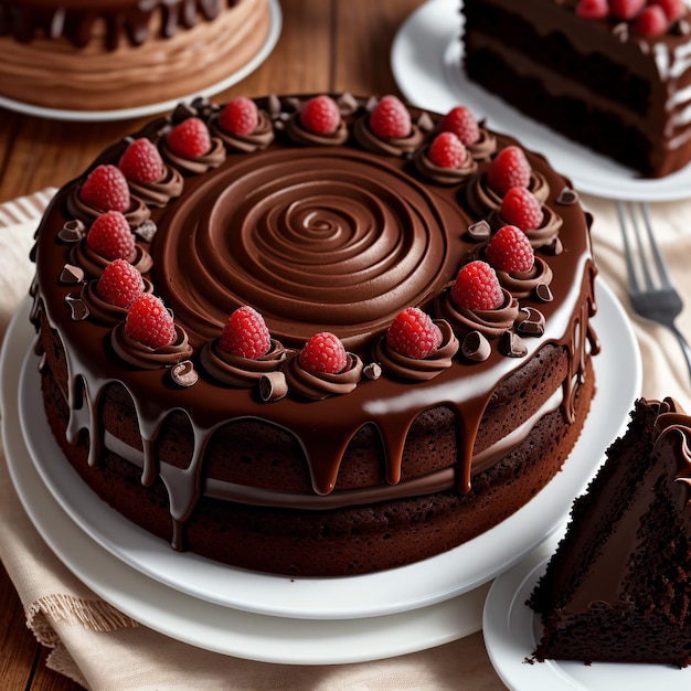Un gâteau au chocolat avec des framboises dessus