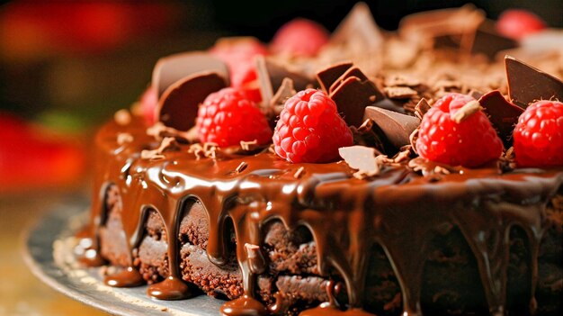 Un gâteau au chocolat avec des framboises sur le dessus