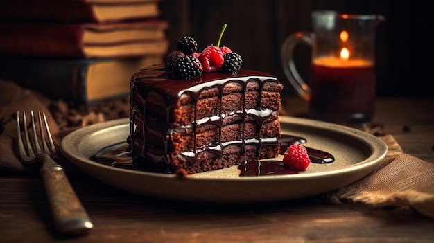 un gâteau au chocolat avec des framboises dessus