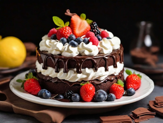 Gâteau au chocolat avec des framboises fraîches en gros plan sur une assiette horizontalement