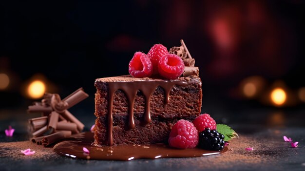 Un gâteau au chocolat avec des framboises et une sauce au chocolat