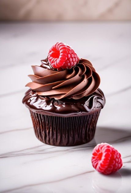 Un gâteau au chocolat avec des framboises sur le sol blanc.