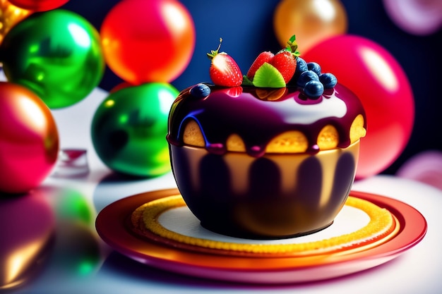 Un gâteau au chocolat avec des fruits sur le dessus et un fond coloré.