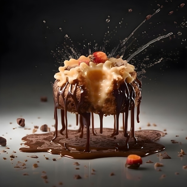 Gâteau au chocolat avec fruits éclaboussant sur fond noir gros plan