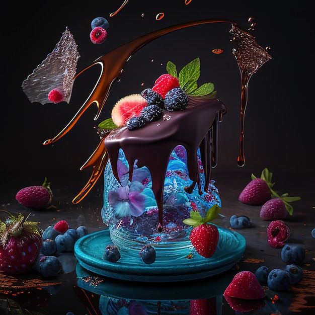 Un gâteau au chocolat avec des fruits et une touche de liquide dessus