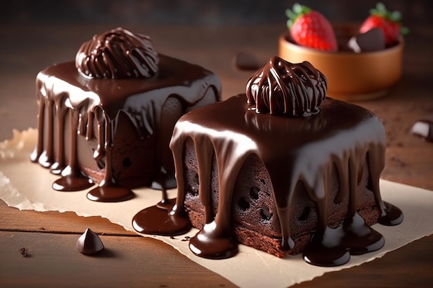 Photo un gâteau au chocolat avec un glaçage au chocolat et un bol de fraises sur le dessus.