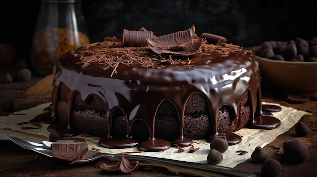 Un gâteau au chocolat avec glaçage au chocolat et un couteau sur une table.