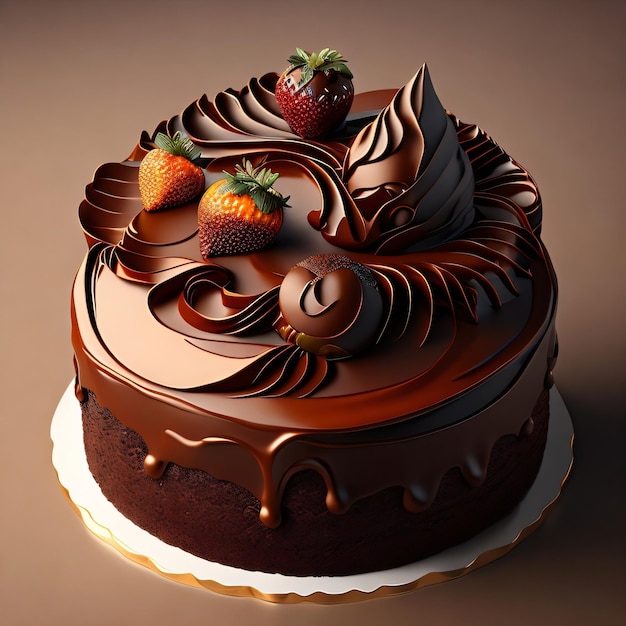 Un gâteau au chocolat avec un glaçage au chocolat et des fraises sur le dessus.