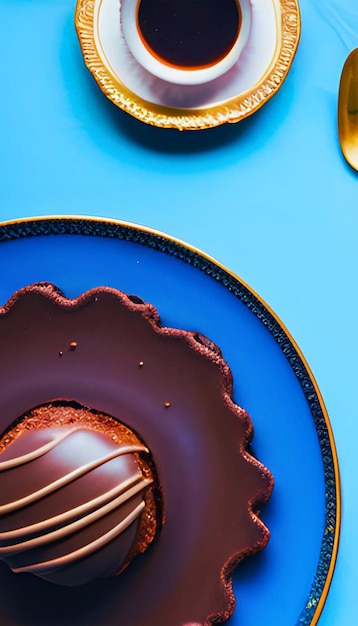 Photo un gâteau au chocolat avec glaçage au chocolat sur une plaque bleue