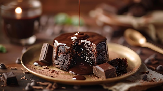 Gâteau au chocolat avec glaçage au chocolat et poudre de cacao à concentration sélective