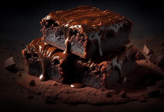 Gâteau au chocolat avec glaçage au chocolat et poudre de cacao sur fond sombre