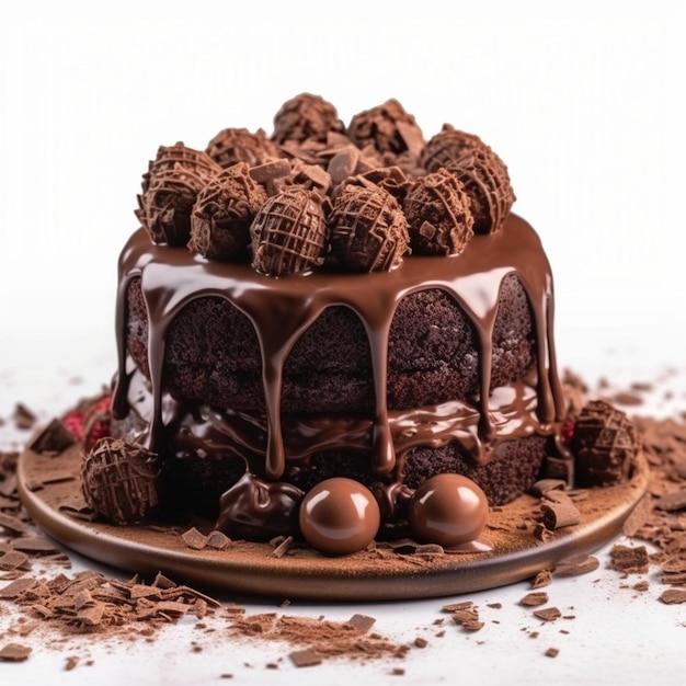 Un gâteau au chocolat avec un glaçage au chocolat et quelques morceaux de chocolat sur le dessus.