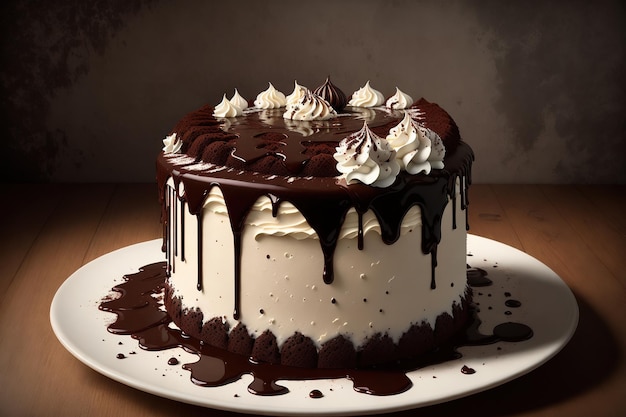 Un gâteau au chocolat avec glaçage au chocolat et sirop de chocolat