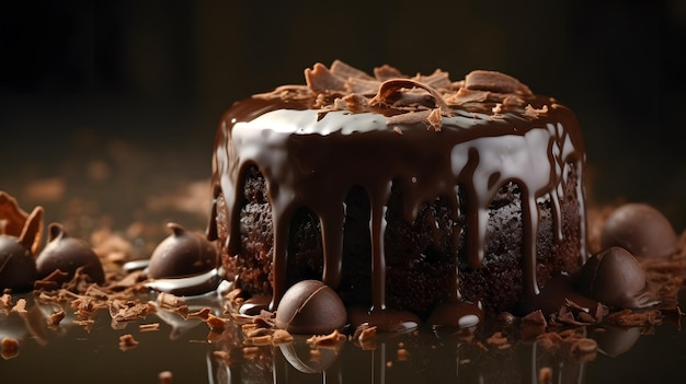 Un gâteau au chocolat avec un glaçage blanc et des pépites de chocolat sur le dessus
