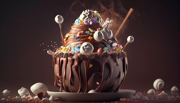 Un gâteau au chocolat avec de la glace et des bonbons sur le dessus.