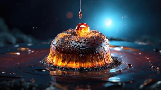 un gâteau au chocolat avec une goutte de liquide dessus