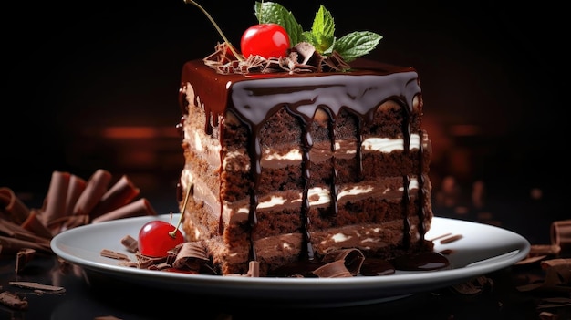 Gâteau au chocolat en gros plan avec du chocolat sucré fondu et des morceaux de fruits sur une assiette