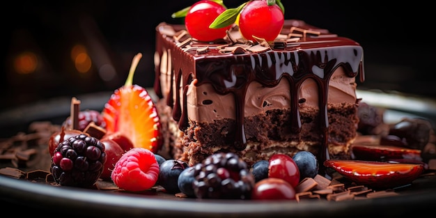 Gâteau au chocolat illuminé mettant en valeur un éclairage envoûtant