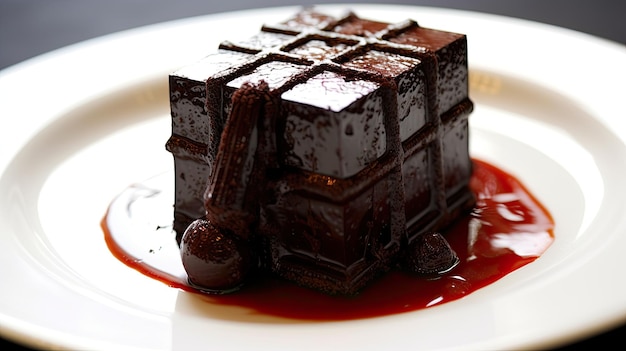 un gâteau au chocolat avec un liquide rouge sur une assiette blanche