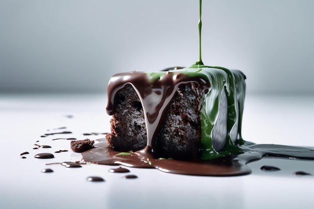 Un gâteau au chocolat avec un liquide vert dégoulinant sur le dessus.