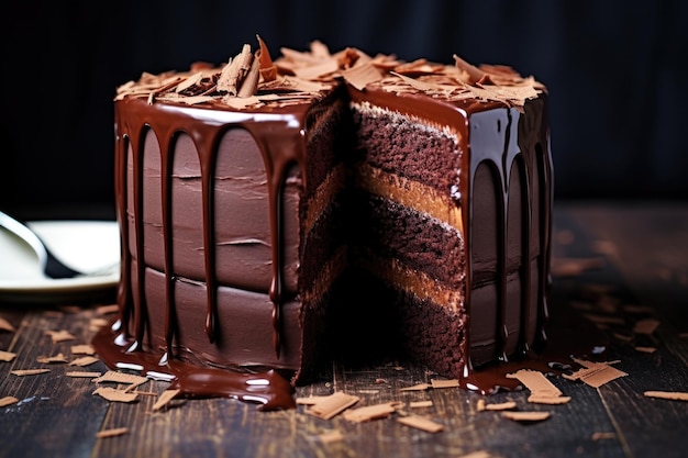 Un gâteau au chocolat avec un morceau manquant