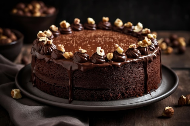 Un gâteau au chocolat avec des noisettes sur le dessus