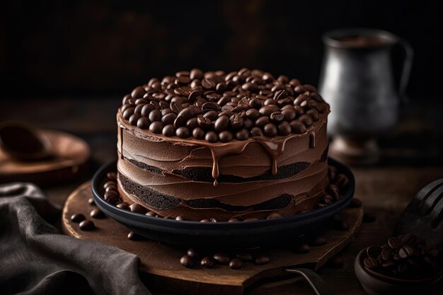 Un gâteau au chocolat avec des pépites de chocolat et des pépites de chocolat est assis sur une table.