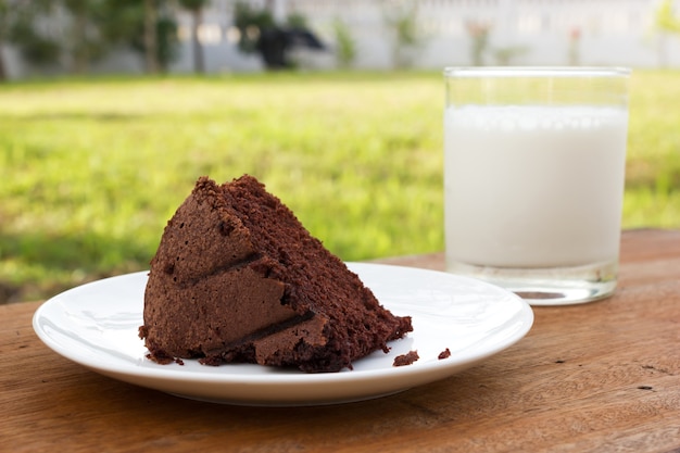 Gâteau au chocolat sur une plaque blanche et un verre de lait.