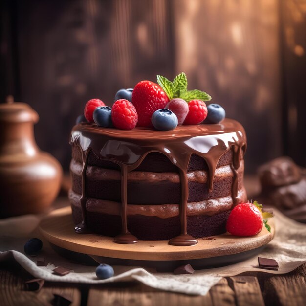 Gâteau au chocolat avec quelques fruits IA générative