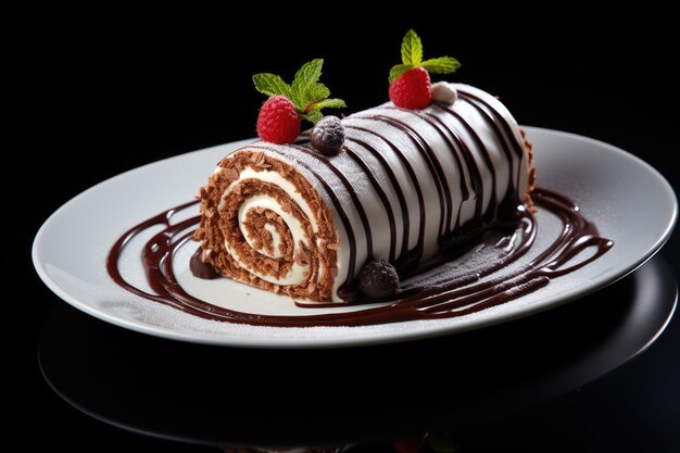 Gâteau au chocolat recouvert de chips de chocolat sur le dessus de la table avec des baies généré par l'IA