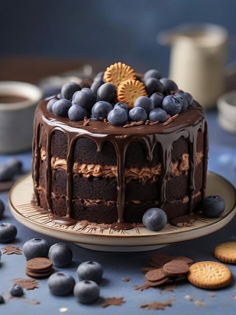 gâteau au chocolat avec un revêtement de chocolat liquide décoré de biscuits et de bleuets