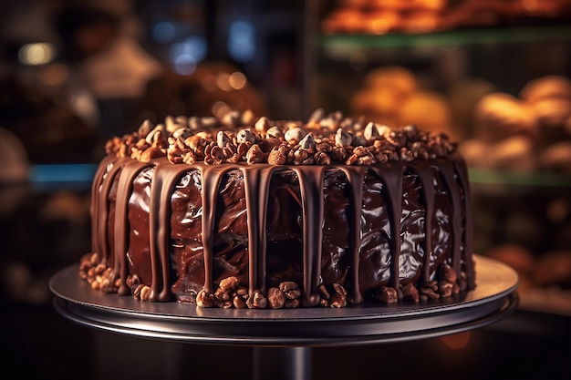 Gâteau au chocolat rond aux noix dans un café créé avec la technologie Generative AI