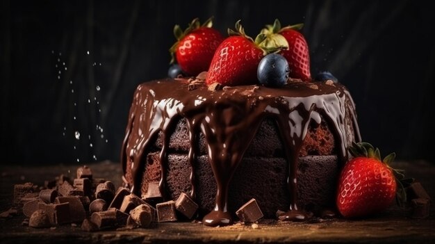 Un gâteau au chocolat avec une sauce au chocolat et des fraises sur le dessus