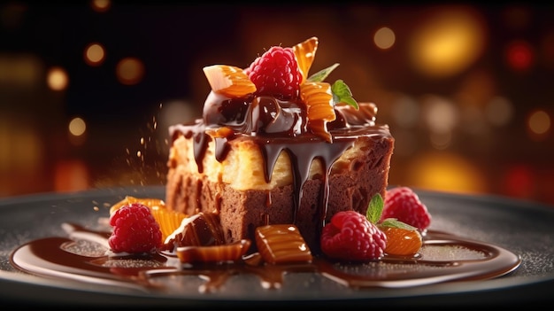 Un gâteau au chocolat avec une sauce au chocolat et des fruits sur le dessus